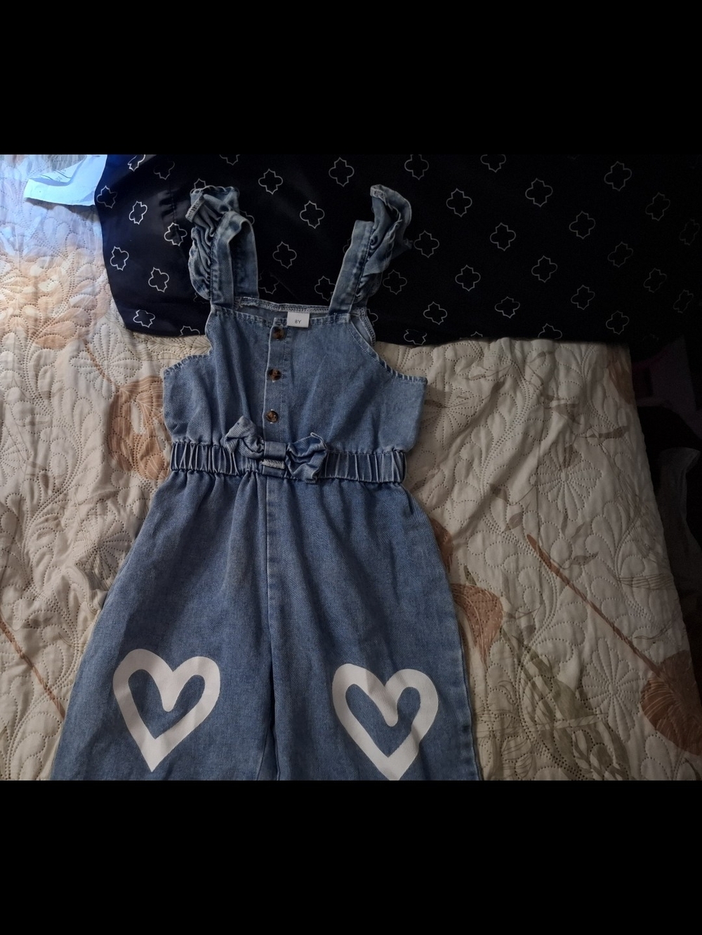 Girls Denim Heart-Print Jumpsuit - Blue